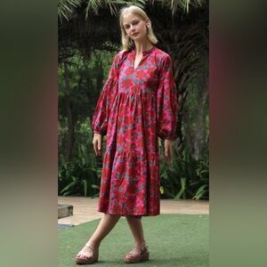 Cyclamen Berry Blush Floral Cotton Midi Dress Size XL EUC